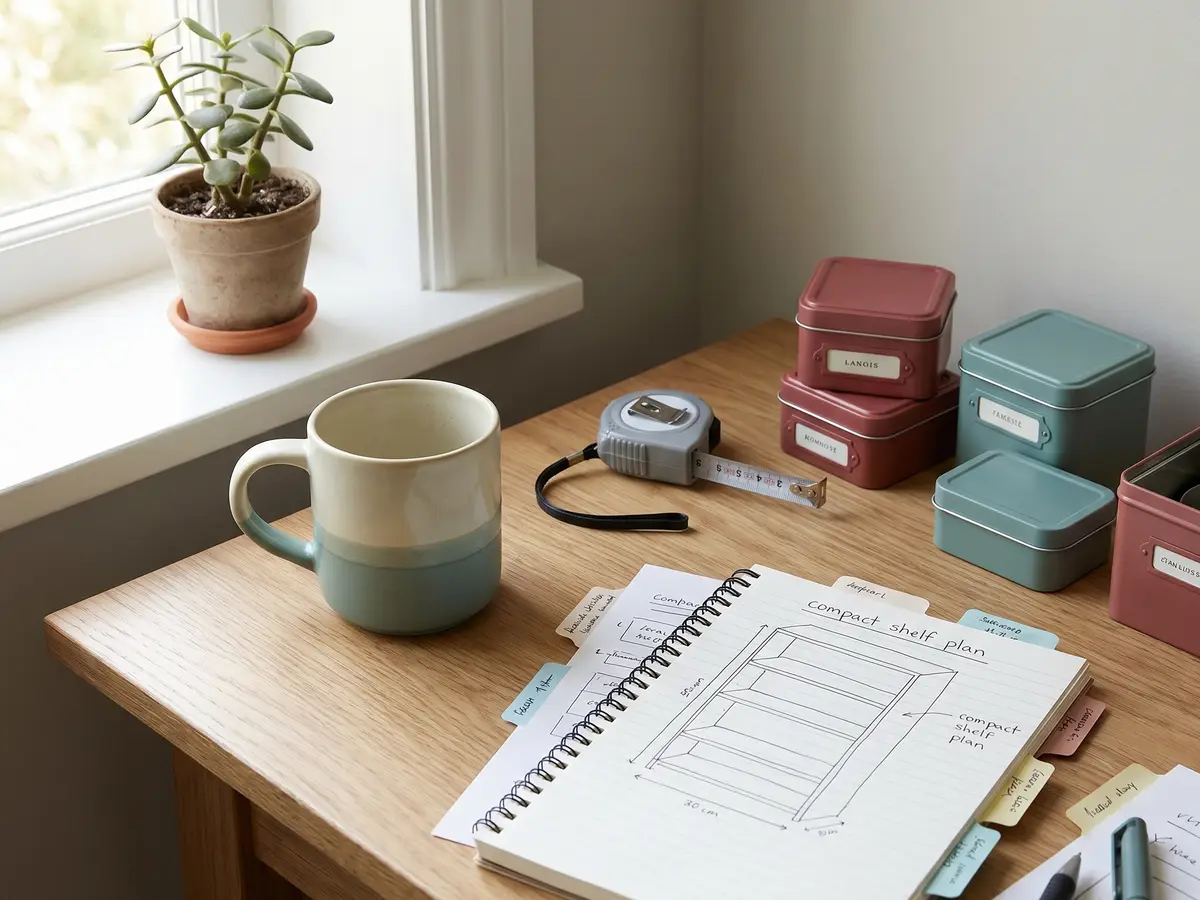 Quiet workspace with provision notes, small containers, and a measured shelf plan