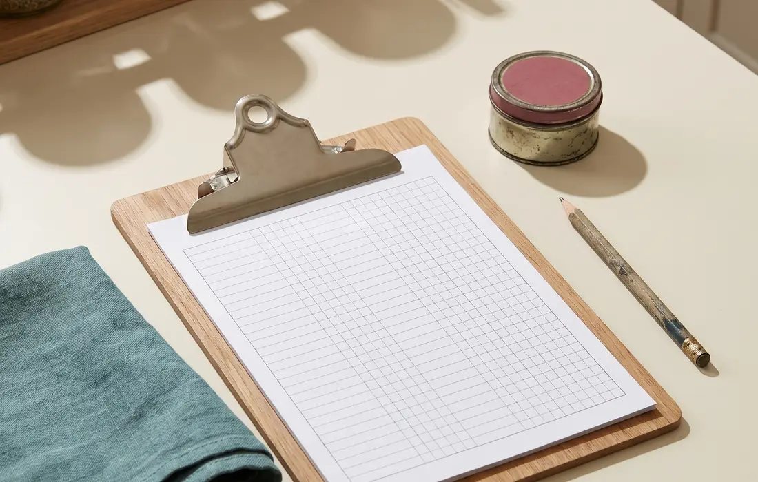 Open supply register with small household objects and inspection marks